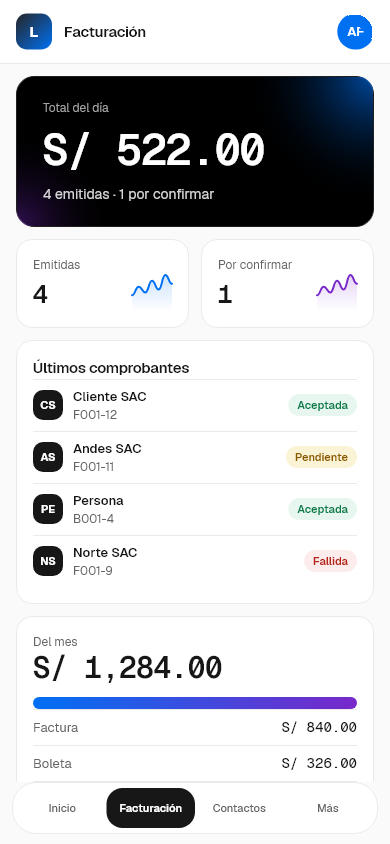 LuminaSys en celular: total del día, últimos comprobantes y barra inferior.